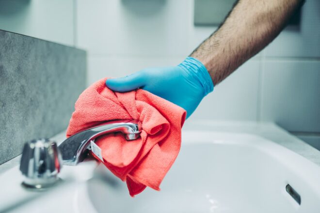 Person cleans bathroom sink